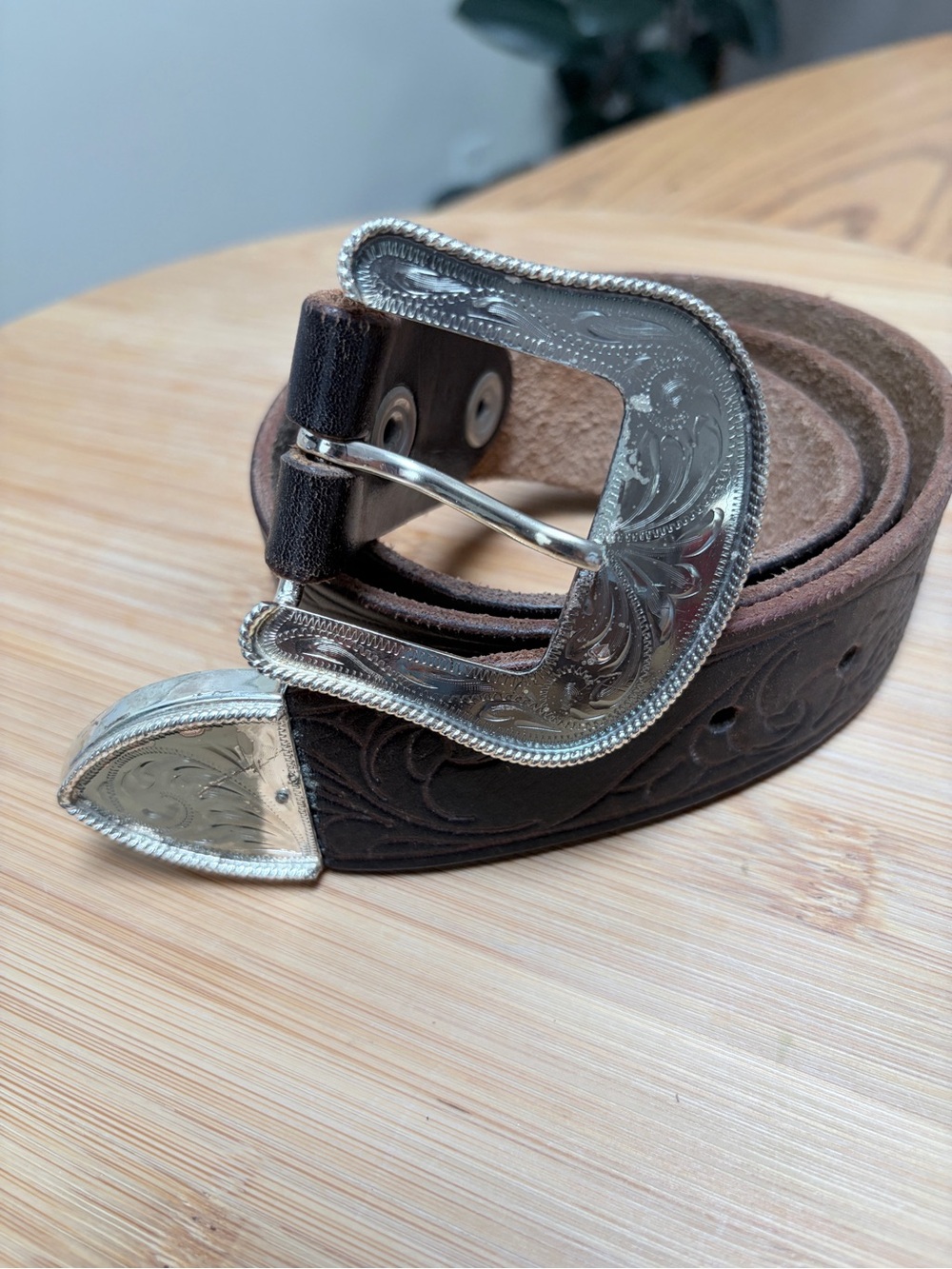 Made in Mexico German Silver Plated Western Brown Leather Belt w/ Floral Detail